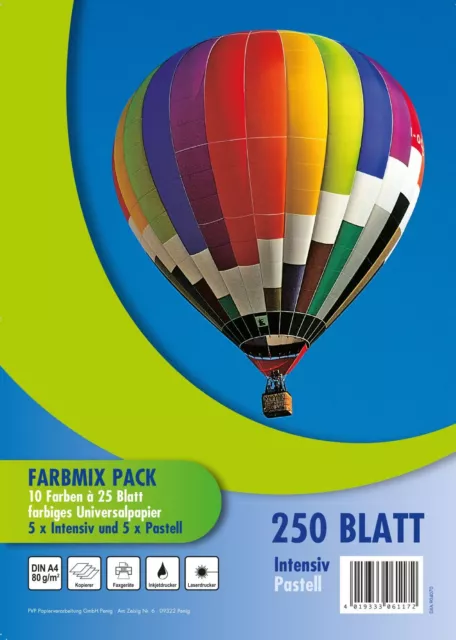 250 Blatt farbiges Druckerpapier / buntes Kopierpapier / 10 verschiedene Farben