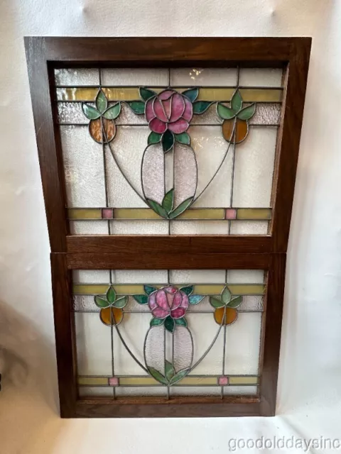 Pair of Antique Stained Leaded Glass Windows from Chicago circa 1920 27"x21"