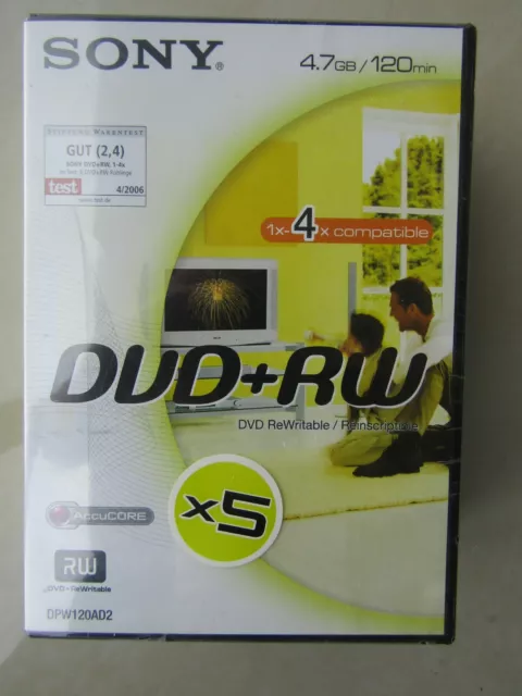 NEU 5ER-PACK Sony DPW120AD2 ACCUCORE DVD-RW WIEDERBESCHREIBBARE DISCS 4,7 GB 120min 1x/4x