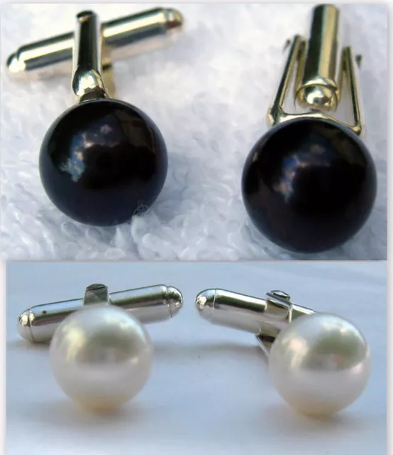 Argent Sterling Boutons avec Blanc ou Noir Rond Perles D'Eau Douce 9-9.5mm