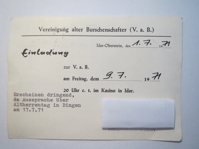 Idar Oberstein - VAB 1971 - Einladung - Burschenschaft / Studentika