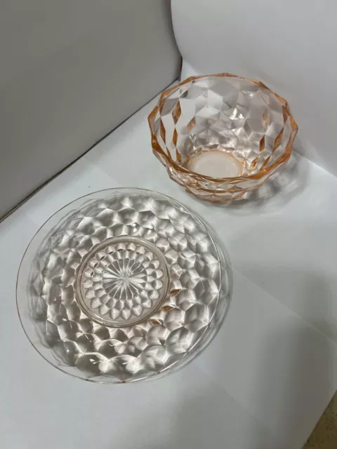 Vintage Pink Depression 4 1/2” Glass Bowl And 6” Plate Waffle Pattern