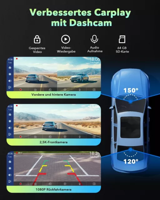 9"Tragbarer Autoradio 2.5K Dash Cam Apple CarPlay Android Auto +1080P Kamera 64G 3
