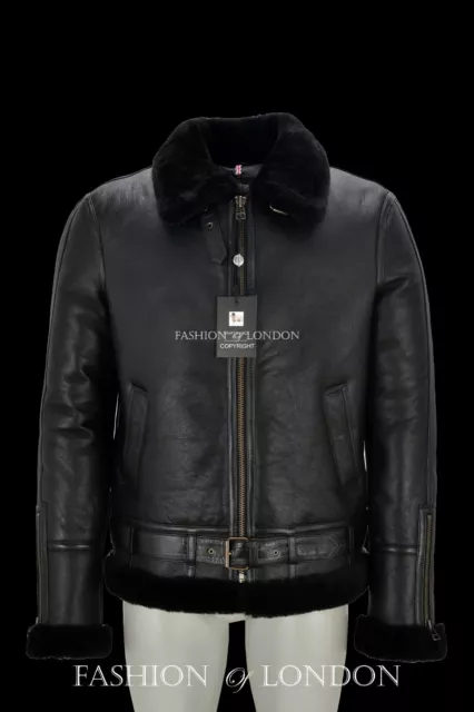 SQUADRON Mens Sheepskin Jacket Aviator B3 Bomber Black Black Fur Leather Jacket