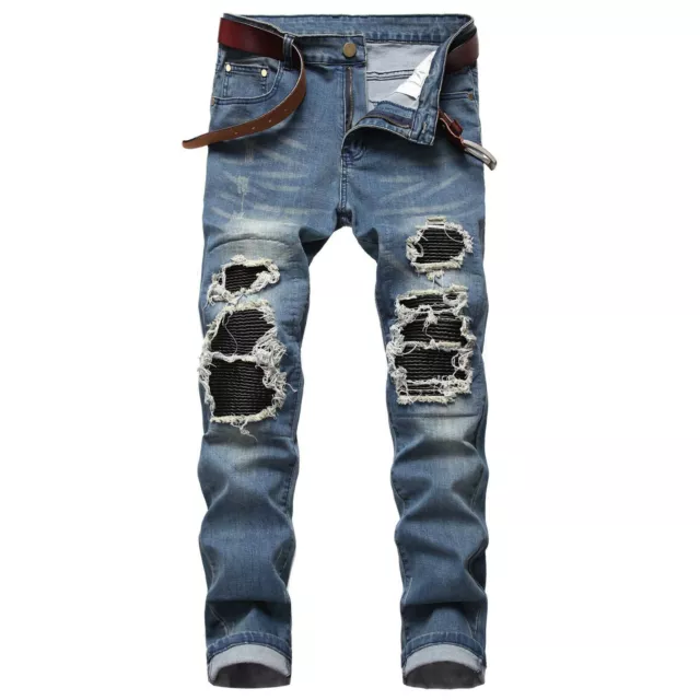 Men's Elastic Jeans Ripped Mesh Skinny Denim Casual Slim Fit Stretchable Pants