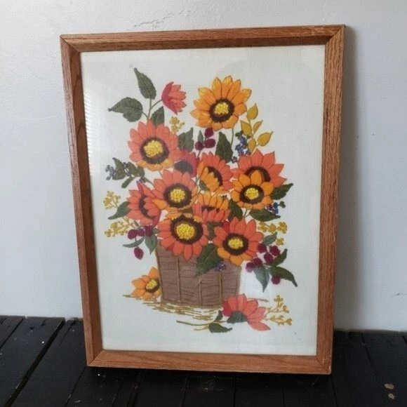 Cubo Cubo Vintage Crewel Art Enmarcado Floral Naranja Amarillo Verde Rojo Decoración