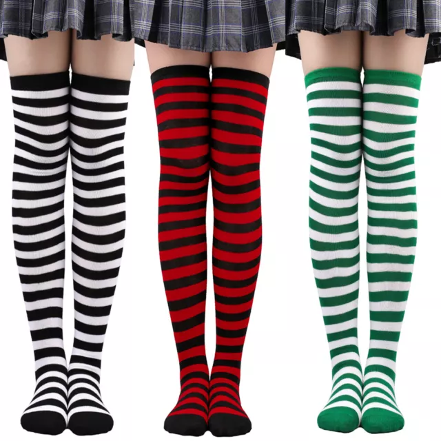 Over The Knee High Socks Striped Ladies Girls Women Cheerleader Pair Stripe NEW 2