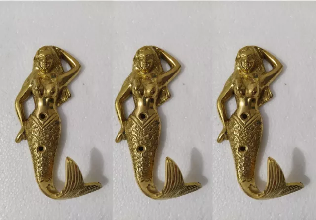 Brass Mermaid Wall Hooks coat Hook  Bathroom Towel Door Hanger Lot of 3 Pcs