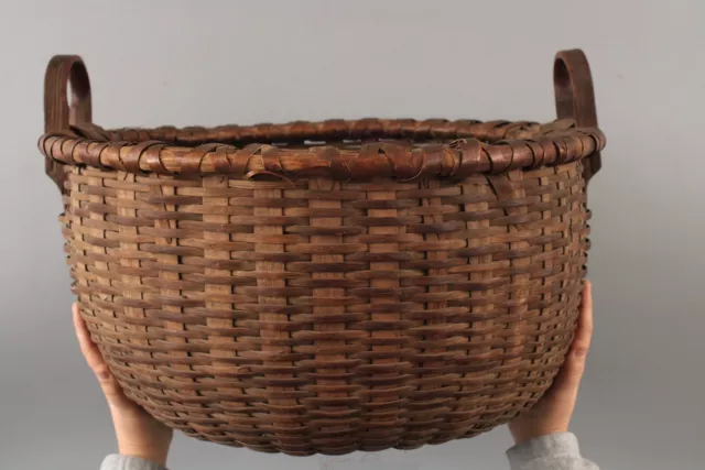 RARE Large Antique Shaker Primitive Ash Splint 2-Handle Work Basket, NR