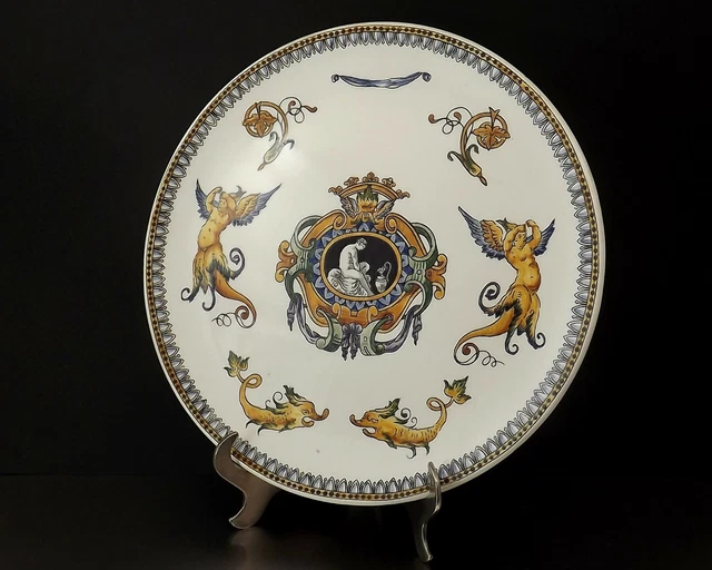 PLAT A TARTE EN FAIENCE DE GIEN SIGNE DECOR A LA MAIN STYLE RENAISSANCE Ca 1960