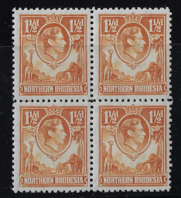 N. Rhodesia 1938 Tick Bird Flaw on 1-1/2 d KGVI MNH block 4. CV$250++ (aa991