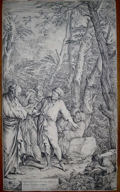 stampa antica Salvator Rosa Diogene getta scodella 1662 acquaforte primo stato