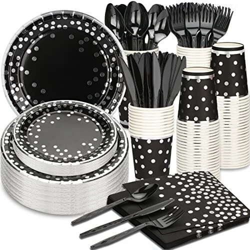 175PCS Black and Silver Party Supplies Silver Dot Disposable Party Dinnerware