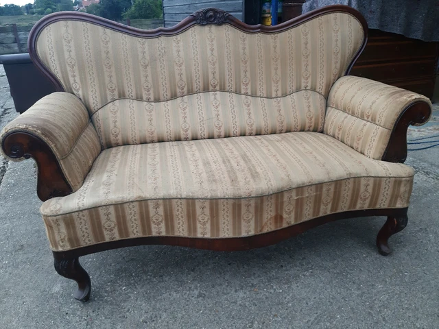 Vintage retro antique mahogany wood rococo 2 seat Danish sofa couch reupholstery