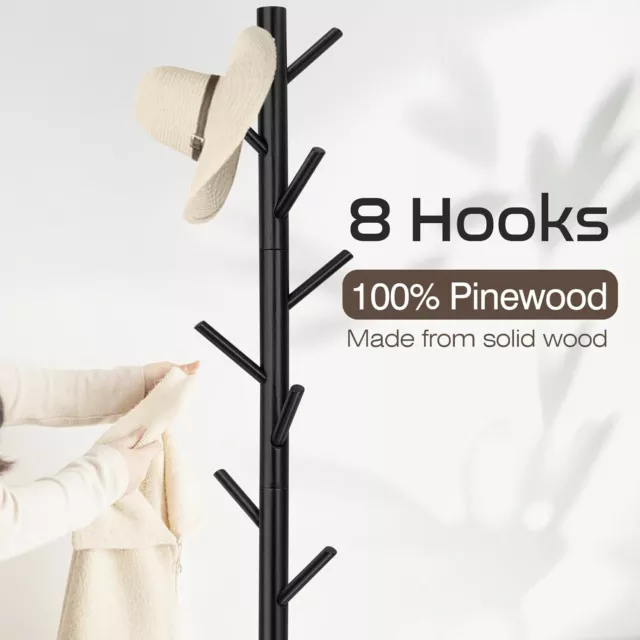 Wooden Coat Rack Stand Free Standing Tree Clothes Hanger Hat Coat Rack 8 Hooks