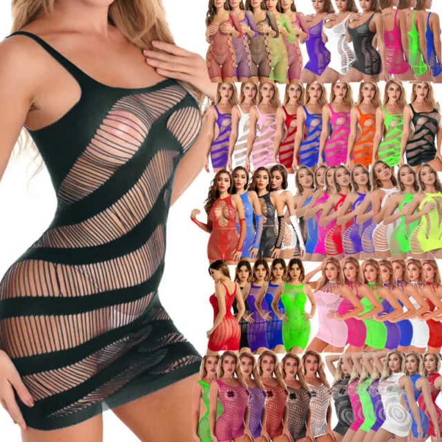 Women's Sexy Fishnet Lingerie Hollow Out Bodycon Mini Dress Babydoll Nightwear