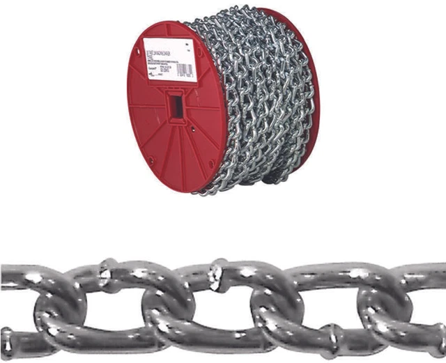 0722527 Twist Link Coil Chain, #2/0, 70 ft L, 520 lb Working Load, Steel, Zinc