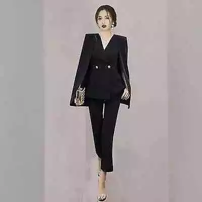 Tailleur elegante completo donna giacca manica lunga amplio nero 4838