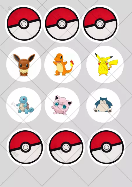 Pokemon Themed Pre Cut Edible Cupcake Toppers 12 x 2"