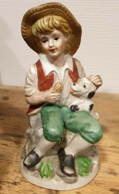 Figurine, statuette, biscuit, porcelaine, déco polychrome mate, Garçon, chien