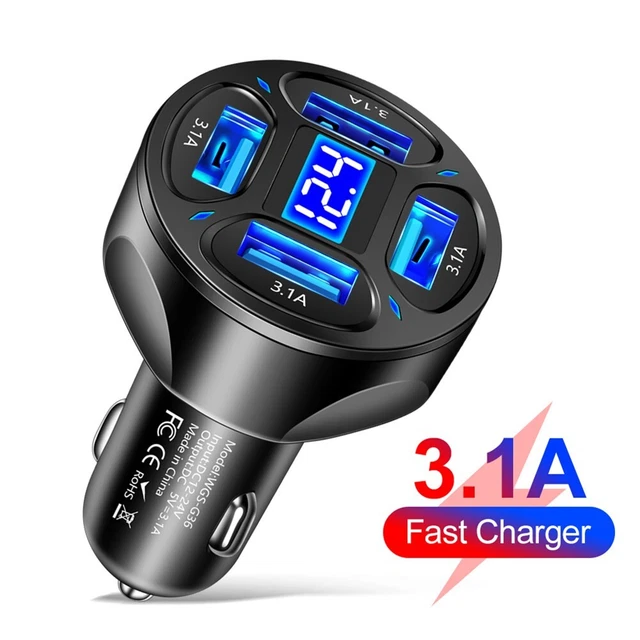 Adaptateur chargeur de voiture USB 4 ports design élégant avec écran LED 3 1A