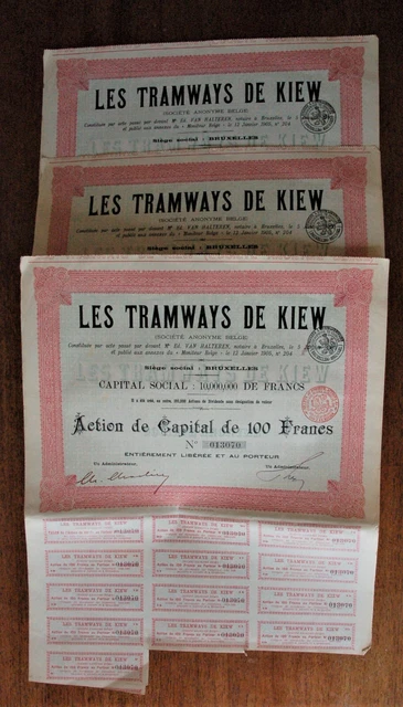 3 stock certs consec nos for 100 francs 1905: Tramways de Kiew + coupons (A4)