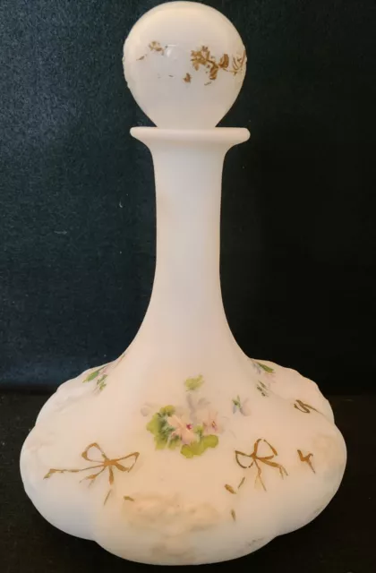 Antique Victorian Hand Blown Milk Glass Flowered Decanter Bottle