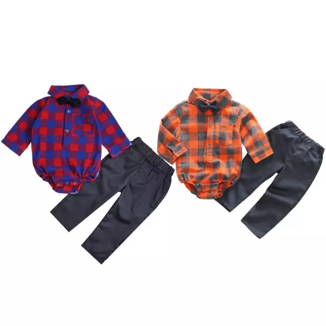 fr 3pcs/Set Casual Newborn Baby Boys Clothes Plaid Rompers + Pants + Bow Tie