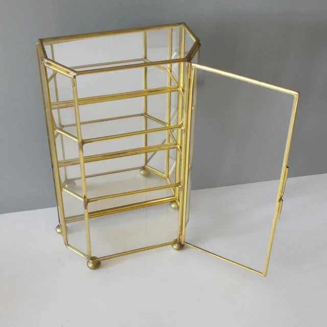 Gabinetes de colección de vidrio en miniatura gabinete de tono latón estantes espejo Curio