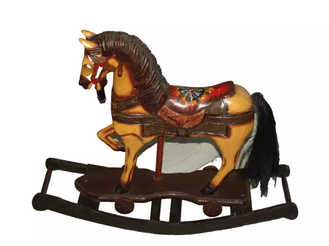 Altes Deko Holzpferd Spielzeug Pferd Schaukelpferd auf Rädern handbemalt,H 63 cm