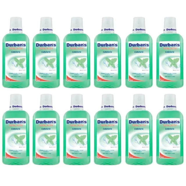 12 pezzi DURBAN’S Total Activ Collutorio con Fluoro MENTA FRESCA 500ml 0% Alcool