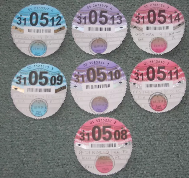 Set Of 7 Car Tax Discs For Same Kia Car 08-14