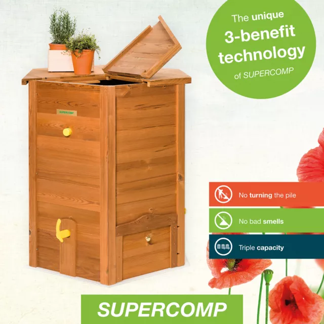 SUPERCOMP Composteur en bois 650lt – bac compost sans odeurs sans retournement