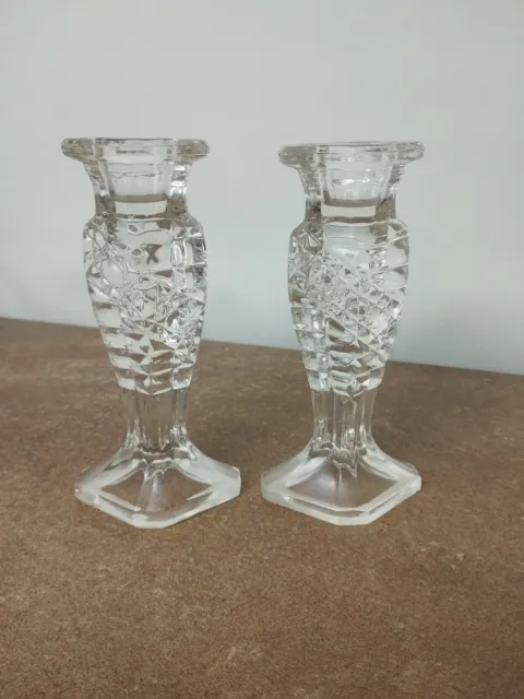 Pair of Vintage 1930s, Art Deco, Clear, Pressed Glass Candlesticks, 15cm Tall