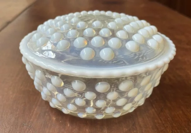 Vtg Fenton Hobnail Covered Glass Dish Clear & Bluish White Opalescent Antique