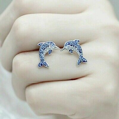 2CT Simulé Bleu Saphir Diamant Dauphin Boucles D'Oreilles Argent Sterling