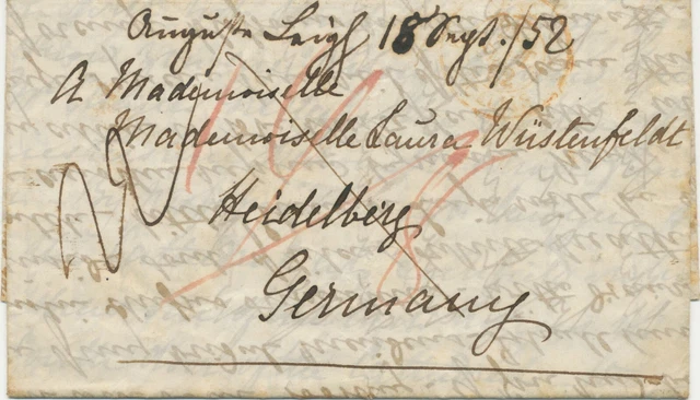 GB 1852 VF entire w postage paid in cash (first it was taxed 11d then 8d) BADEN