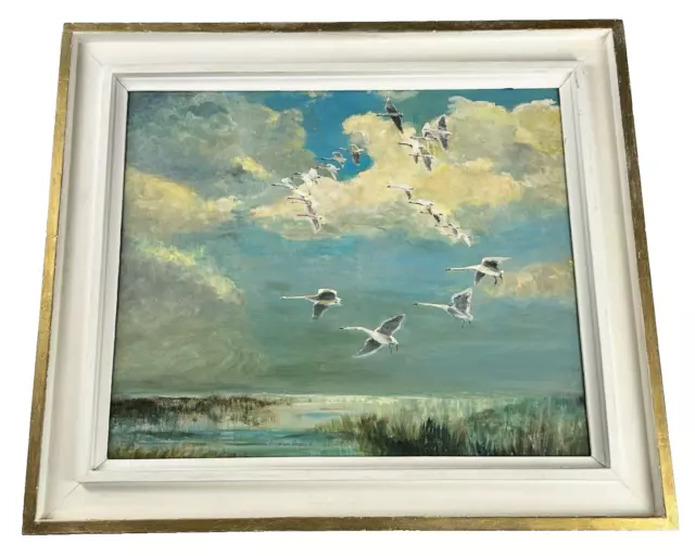 Roland Green- Swans Over Norfolk Saltmarshes- Vintage Oil Painting Wildlife Bird