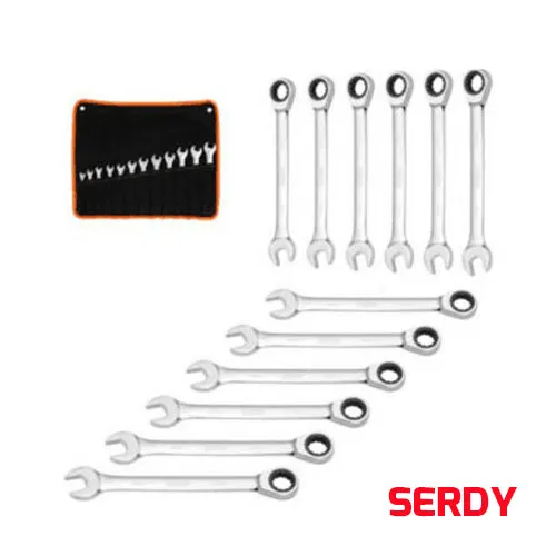 12Pcs Ratchet Spanner Set Metric Open & Ring Wrenches 8-19mm CR-V Rolling Bag