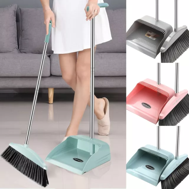 Upgrade Broom and Dustpan Set Self-Cleaning w/ Dustpan Teeth Long Handle Holder