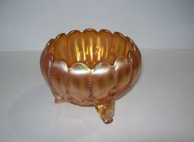 NORTHWOOD Carnival Glass LEAF AND BEADS Rosebowl, MARIGOLD ORANGE, iridescent