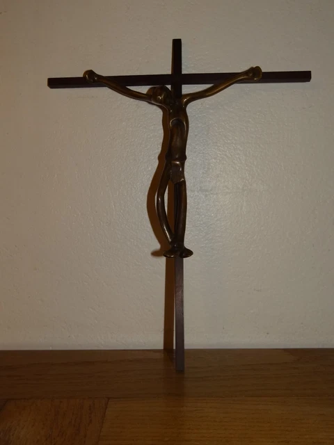 Crucifix En Bronze Ancien Signé Elie Pellegrin - Style Art Déco Primitif - Pièce Rare De Collection