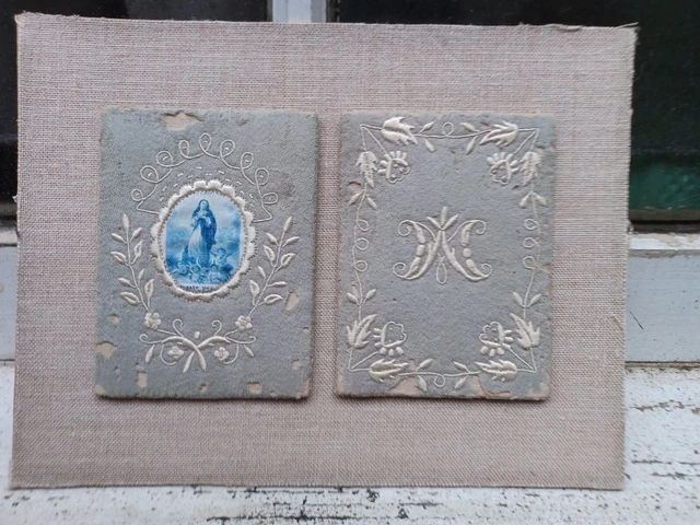 Antique Two Embroidered Images Roman Catholic Virgin Mary  Linen Wall Hanging