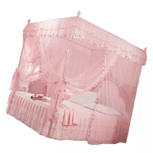 (Pink M)Luxury Princess 3 Side Openings Post Bed Curtain Canopy Netting AU