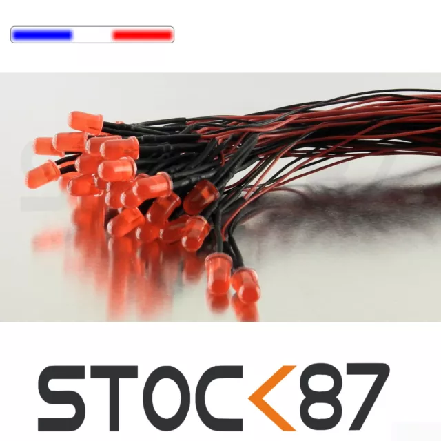 C416DR# LED 5mm clignotante 12v pré-câblé rouge diffusant 5 à 100pcs