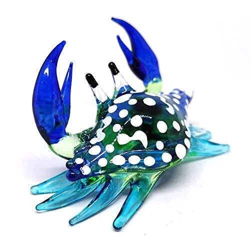 Glass Animals Crab Figurine Blue Hand Blown Painted Art Miniature Coastal