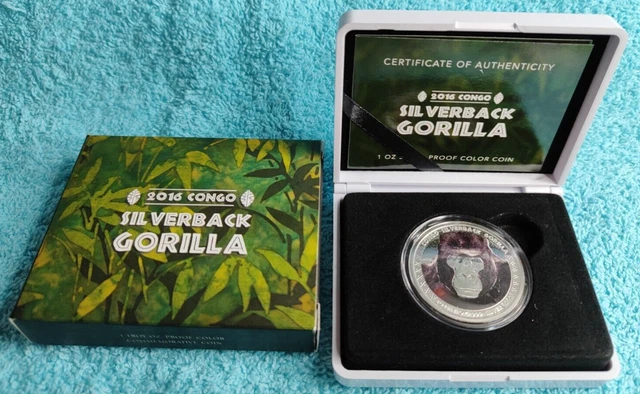 CONGO 5000 francs 2016 SILVER 1 OZ Silverback Gorilla color - Only 2500 units