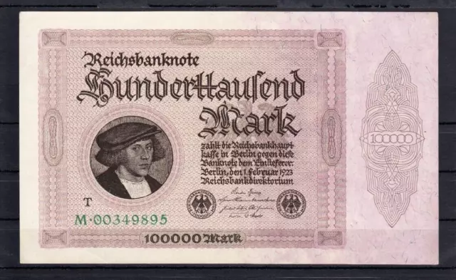 100 000 Mark v. 1.2.1923 (Ro. 82c), mit schwarzem "T", in Erhaltung 2+