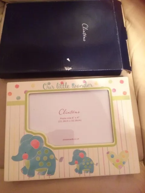 New in box Clinton,cream 6" x 4"photo frame for baby,Our little wonder,elephants