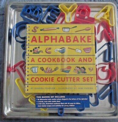 NEW 1990's Alpha Bake Children Baking Set 28 ps. Alphabet Cutters, Pan, Cookbook